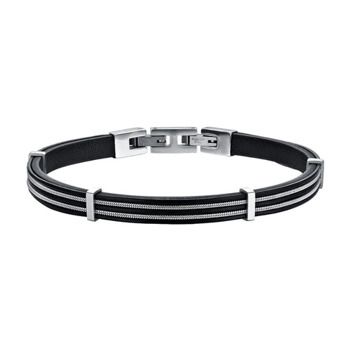 Luca Barra - Bracciale uomo in cuoio nero con elementi in acciaio