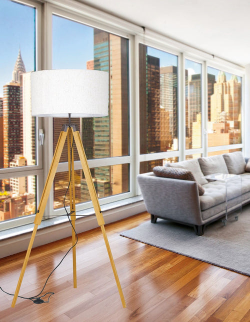 Piantana Treppiedi Legno di Ciliegio Paralume Tessuto Bianco Lampada da Terra Moderna E27