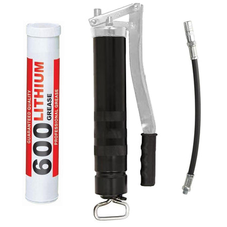 Kit completo 6 cartucce + siringa grasso a leva per ingrassaggio manuale in metallo brunito 1 kg