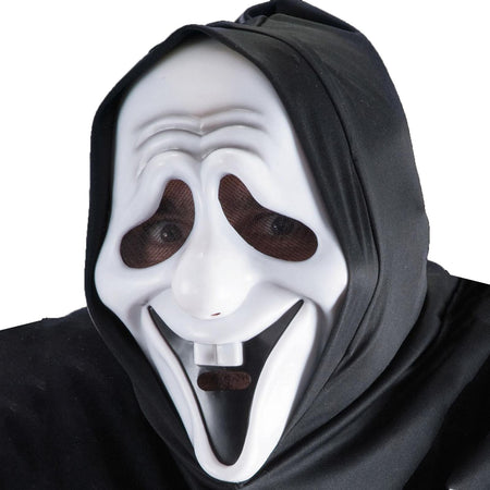 Maschera fantasma sorridente bianca per carnevale e halloween con molla elastica