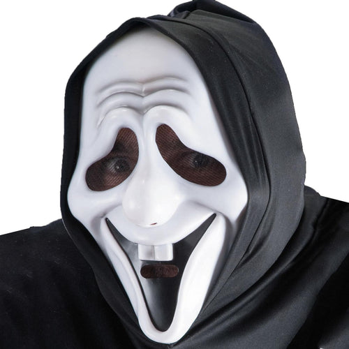 Maschera fantasma sorridente bianca per carnevale e halloween con molla elastica