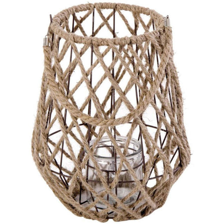 LANTERNA DECORATIVA IN CORDA JUTA BRASILIA CON VASETTO IN VETRO H 27 CM