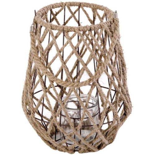 LANTERNA DECORATIVA IN CORDA JUTA BRASILIA CON VASETTO IN VETRO H 27 CM