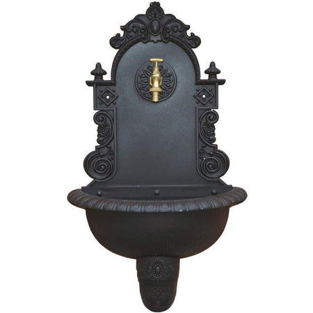 Fontana in ghisa da parete nera con rubinetto h 75 cm per esterni