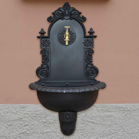 FONTANA IN GHISA DA PARETE NERO CON RUBINETTO H 75 CM PER ESTERNI