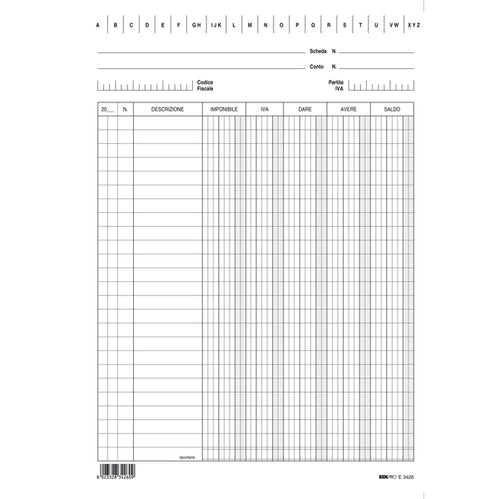 100 Schede Verticali 24X17Cm Dare/Avere/Saldo/Iva E3426Bl Edipro