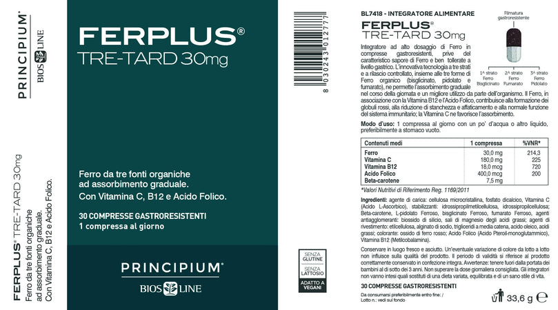 BIOS LINE Principium FerPlus Tre-Tard, Integratore Alimentare in Compresse Gastroresistenti a Rilascio Graduale, Alto Dosaggio di Ferro, 30 Cpr