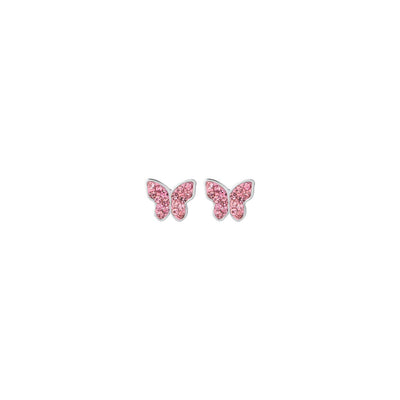 LUCA BARRA - ORECCHINI BAMBINA IN ACCIAIO CON FARFALLA E CRISTALLI ROSA