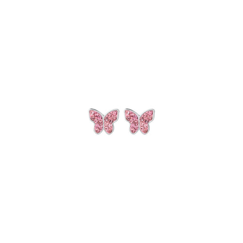 LUCA BARRA - ORECCHINI BAMBINA IN ACCIAIO CON FARFALLA E CRISTALLI ROSA
