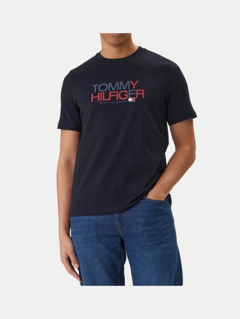 Tommy Hilfiger T-shirt uomo in cotone blu con logo frontale regular fit