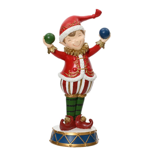 Statuetta decorativa elfo giocoliere decorazione natalizia in resina da 28 cm