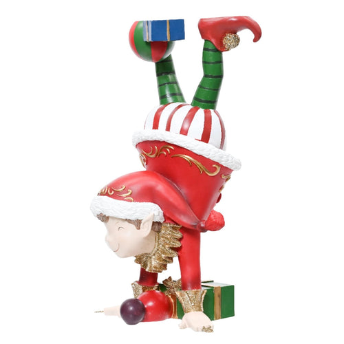 Statuetta decorativa elfo acrobata decorazione natalizia in resina da 58 cm