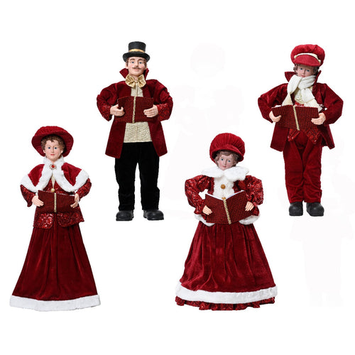 Famiglia di cantori con vestiti color Rosso, decorazione natalizia da 97 cm , set 4 pezzi
