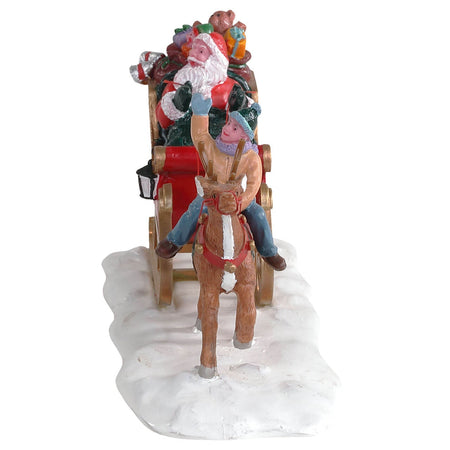 Slitta di Babbo Natale con renna e bambino figura per villaggio di Natale in poliresina