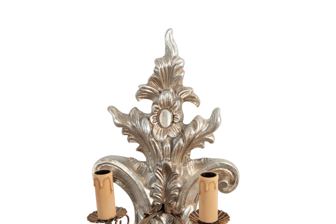 Biscottini Lampada Applique Shabby in legno e ferro finitura foglia argento anticato Made In Italy