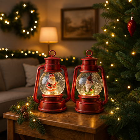 Lanterna natalizia rossa innevata con luci e musica per decorazioni natalizie