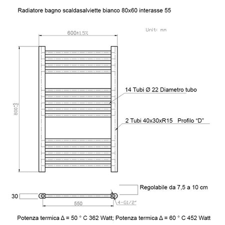 Scaldasalviette termoarredo 80x60 bianco interasse 55 cm IDRAULICO