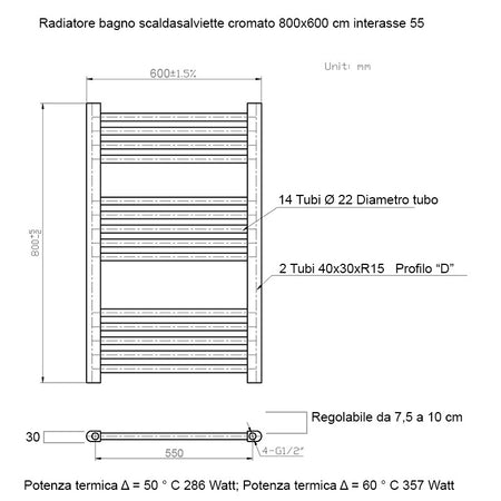 Scaldasalviette termoarredo 80x60 Cromato interasse 55 cm IDRAULICO