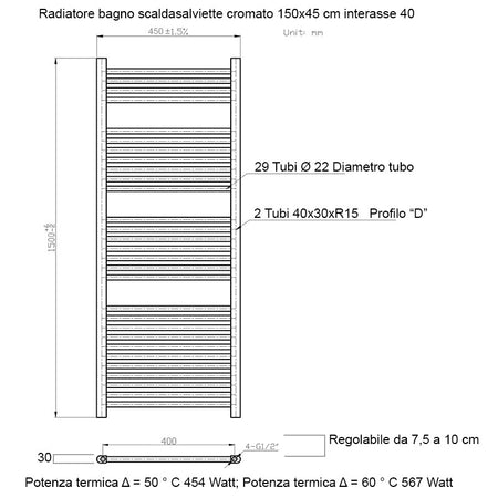 Scaldasalviette termoarredo 150x45 cromato interasse 40 cm IDRAULICO