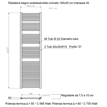 Scaldasalviette termoarredo 180x45 cromato interasse 40 cm IDRAULICO