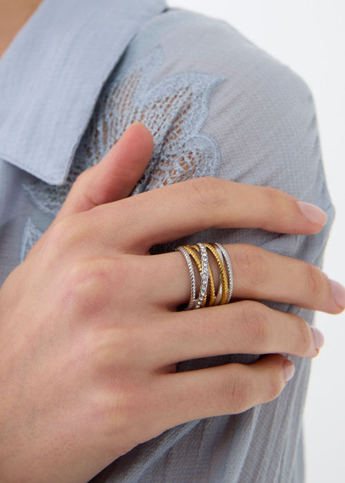 Anello fascia con pietre oro e argento