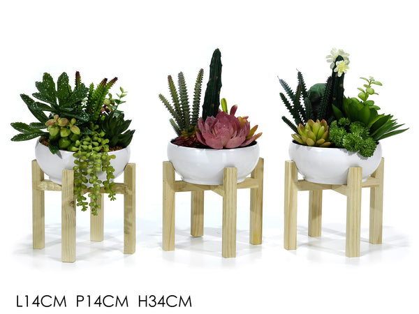 Vaso Con Pianta e Stand Legno H34cm