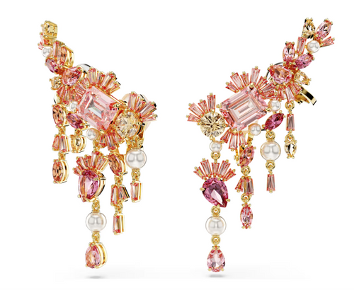 SWAROVSKI - Orecchini a clip Gema Taglio misto, Chandelier, Fiore, Rosa, Placcato color oro