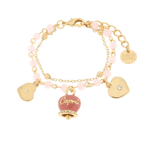 BySimon  -  Bracciale in Metallo con campana smaltata rosa e cuoricini pendenti