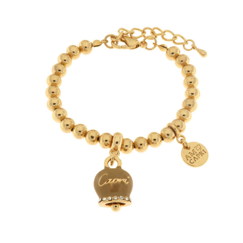 BYSIMON  -  Bracciale in Metallo con campanella scritta capri pendente impreziosita da cristalli e smalto caffè