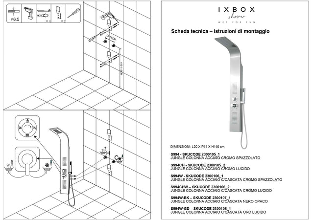 Colonna Doccia Attrezzata Flower in Acciaio Nero Opaco Con Cascata H140xL20xP44