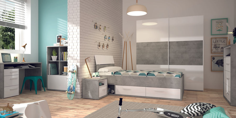 Comodino cemento e bianco laccato con 1 cassetto per cameretta moderna