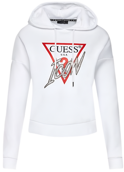 Felpa Donna Guess Tinta Unita Bianca Con Logo Centrale Felpa Con Cappuccio 100% Cotone Felpa Casual Manica Lunga