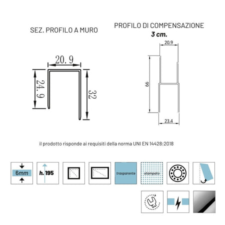 Lato Porta Box Doccia Angolare Nicchia Dafne Cristallo 6 mm 140 cm Stampato