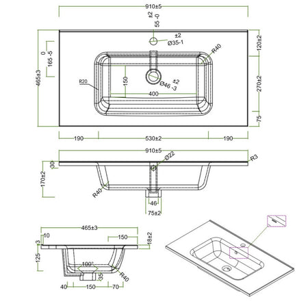 Lavabo ad Incasso in Ceramica Bianco Lucido per Mobili Bagno