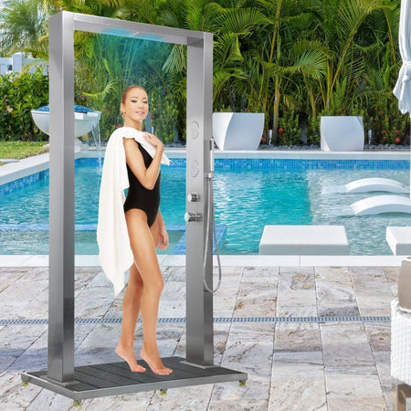 Colonna Doccia da Esterno Doppia Bamboo Acciaio Inox Getti Idro Pedana WPC