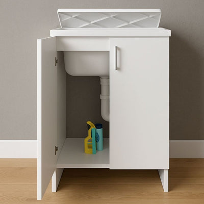 Mobile Lavanderia Bianco Lavabo Resina 45x50x85 Asse Lavaggio cm Doppia Anta