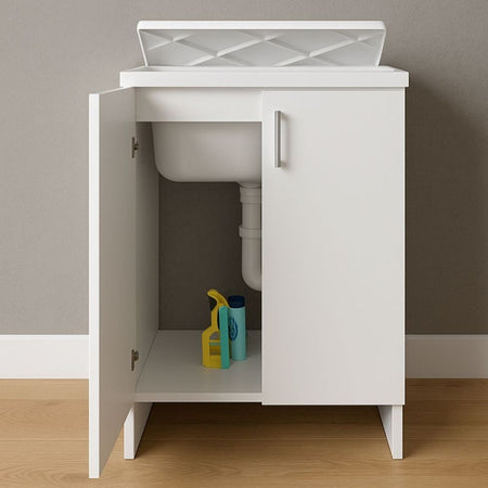 Mobile Lavanderia Bianco Lavabo Resina 45x50x85 Asse Lavaggio cm Doppia Anta
