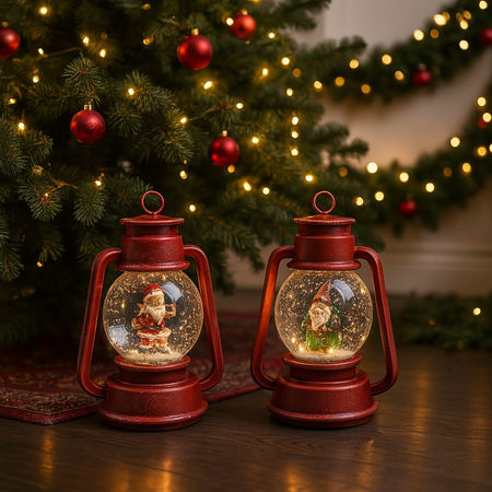 Lanterna natalizia rossa innevata con luci e musica per decorazioni natalizie