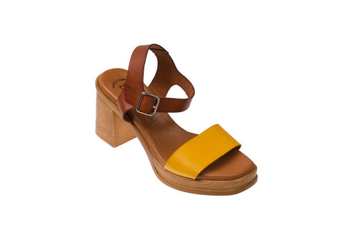 Luxdive sandalo donna tacco alto in pelle bicolore cuoio/giallo