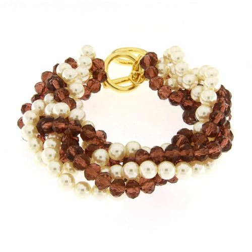 BYSIMON - Bracciale in Metallo con perline bianche e marroni intrecciate