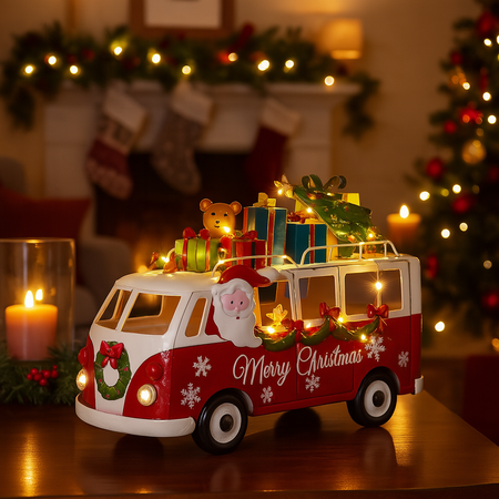 Bus di Natale in metallo con regali e luci Led per decorazioni natalizie