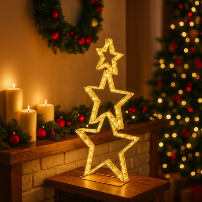 Stelle decorative, con Timer, con luce LED color oro per decorazioni natalizie