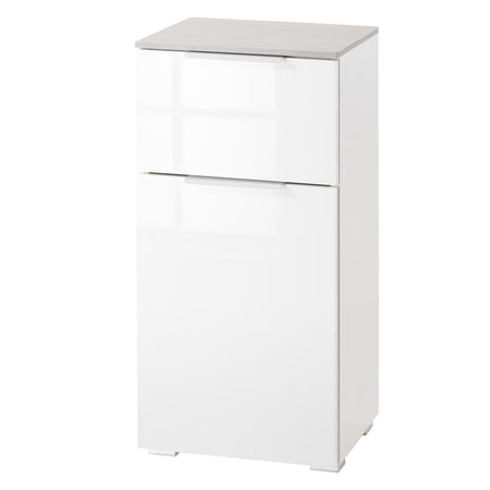 Base singola da bagno bianco lucido e cemento h 82 cm con 1 anta ed 1 cassetto in legno