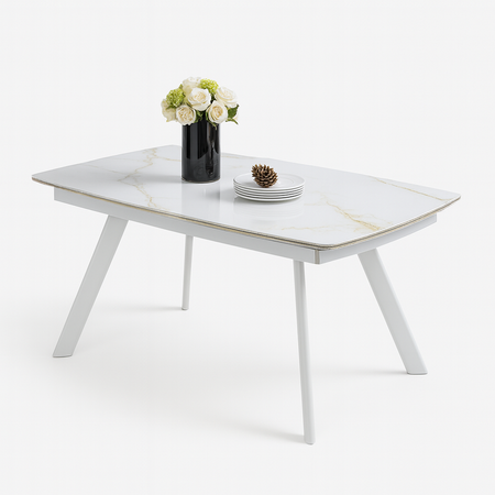 Tavolo "Deneb" con gambe e piano in ceramica effetto marmo, design moderno, 140/210 x 110 x h 75 cm