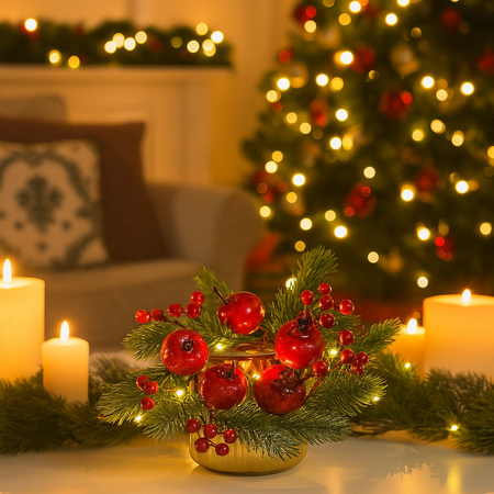 Grirocandela di natale con bacche rosse per decorazioni natalizie