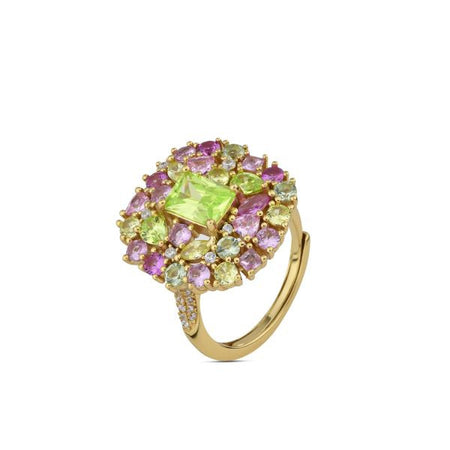 Boccadamo - Anello regolabile placcato oro giallo con fiore di zirconi bianchi, rubino e verdi