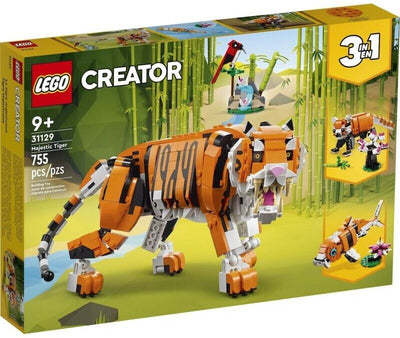 Lego creator 31129 3 in 1 tigre maestosa, si trasforma in panda o pesce, giocattolo creativo con animali, regalo 9+ anni