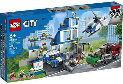 Lego city police 60316 stazione di polizia, con camion della spazzatura ed elicottero giocattolo, giochi per bambini