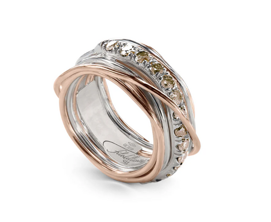 Rubinia Gioielli - Anello Filodellavita Prezioso - 13 fili in Oro Rosa 9kt, Argento 925 e Diamanti Brown