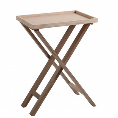 Tavolino in legno con gambe incrociate e bordo contenitore